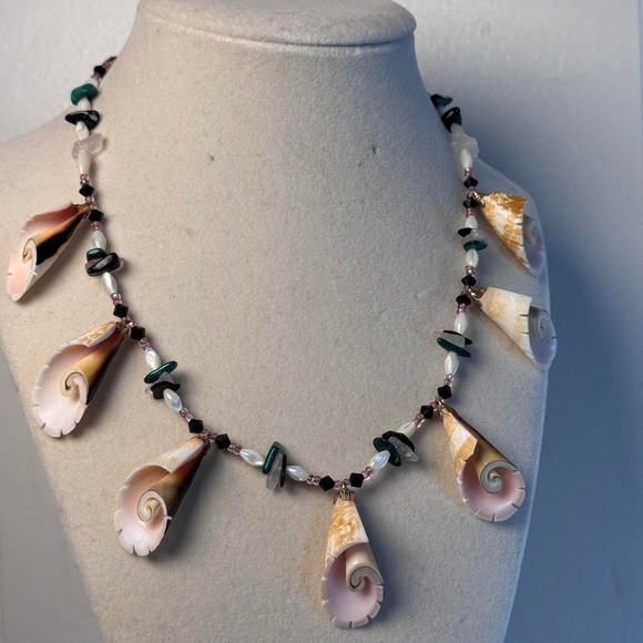 Handmade Shell Fringe Statement Necklace Gemstone Beaded Coastal Boho Beach - Picture 3 of 8